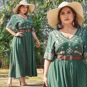 PLUS SIZE Green V neck Embroidered A-line Dress